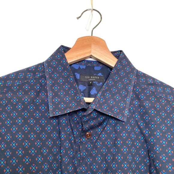 Ted Baker Mens All Over GEO Print Short Sleeve Button Up Shirt Size Large Blue - Picture 4 of 10